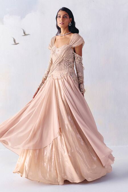 Shop_Awigna_Pink Organza, Net, Georgette Juliet Blossomy Embroidered Cinderella Plisse Gown _Online_at_Aza_Fashions