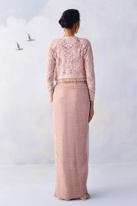 Shop Awigna Pink Organza, Net, Lily Celeste Embroidered Waistband Pre-draped Saree Set at Aza Fashions Shop_Awigna_Pink Organza, Net, Lily Celeste Embroidered Waistband Pre-draped Saree Set _at_Aza_Fashions
