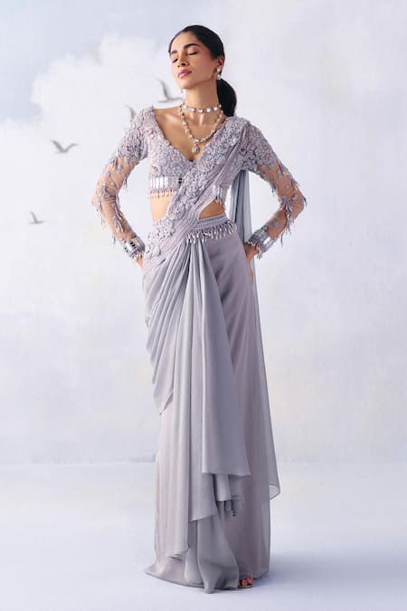 Awigna Grey Metallic Georgette Embroidery Pearl Madison Florin Pallu Pre-draped Saree 