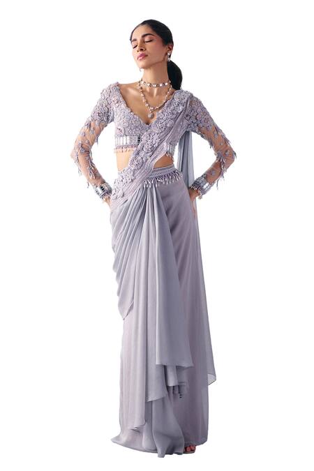 Awigna_Grey Organza, Georgette, Net Madison Florin Pallu Embroidered Pre-draped Saree _Online_at_Aza_Fashions