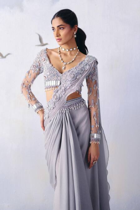Shop_Awigna_Grey Organza, Georgette, Net Madison Florin Pallu Embroidered Pre-draped Saree _Online_at_Aza_Fashions
