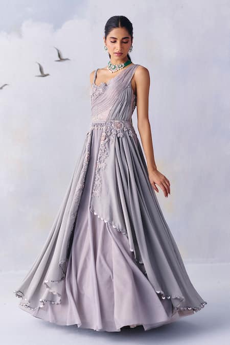 Awigna Grey Metallic Georgette Embroidery Pearl Olivia Bloom Garden Plisse Drape Gown 