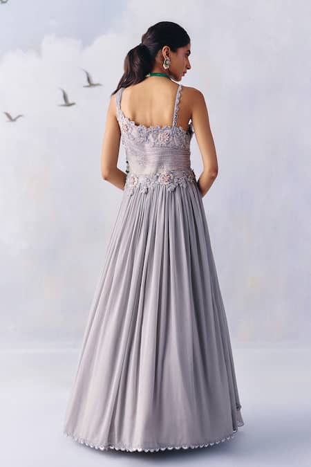 Awigna Olivia Bloom Garden Embroidered Plisse Drape Gown 