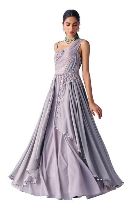 Awigna_Grey Organza, Georgette, Net Embroidery Olivia Bloom Garden Plisse Drape Gown _Online_at_Aza_Fashions