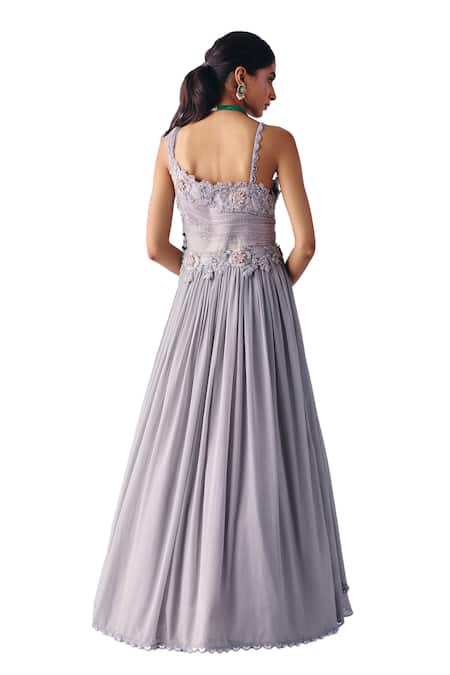 Awigna_Grey Organza, Georgette, Net Embroidery Olivia Bloom Garden Plisse Drape Gown _at_Aza_Fashions