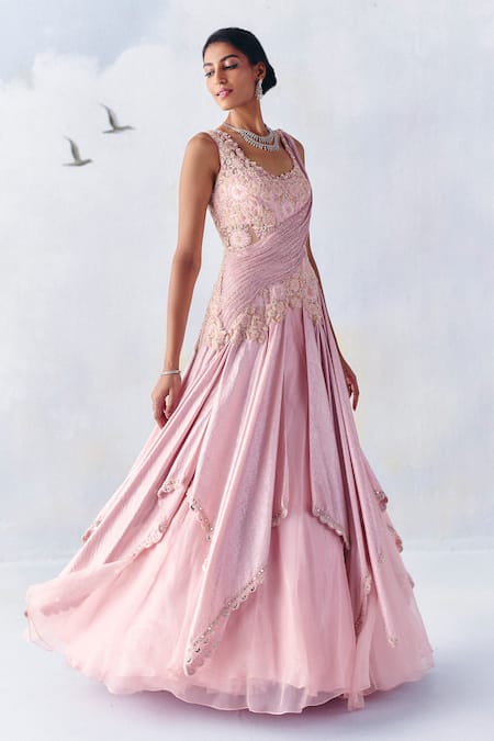 Awigna Pink Sterlin Foil Embroidery Pearl U Sophia Bloom Alchemy Plisse Drape Gown 