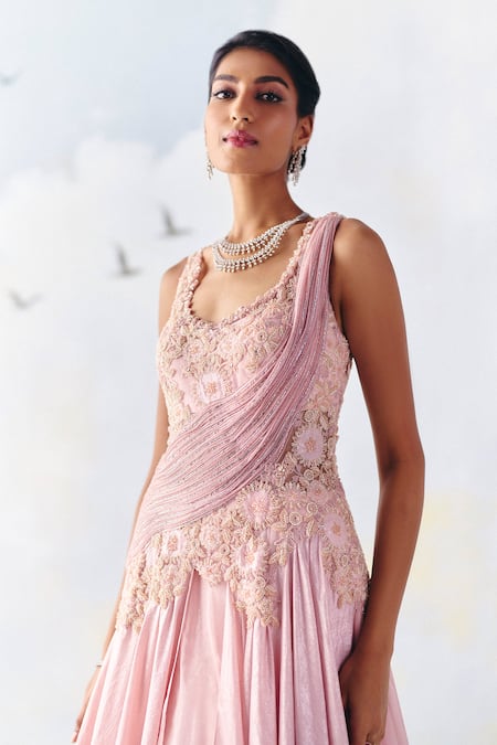 Awigna Pink Organza, Net, Linen Sophia Bloom Alchemy Embroidered Plisse Drape Gown Online at Aza Fashions Awigna_Pink Organza, Net, Linen Sophia Bloom Alchemy Embroidered Plisse Drape Gown _Online_at_Aza_Fashions
