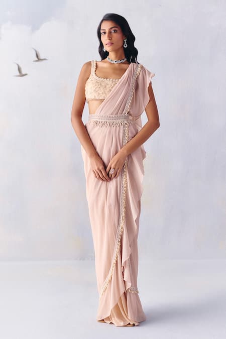 Awigna Pink Metallic Georgette Stella Tassel Border Pre-draped Saree With Blouse 