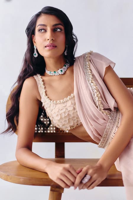 Buy Awigna Pink Net, Georgette Pearls, Stella Tassel Border Pre-draped Saree With Blouse Online at Aza Fashions Buy_Awigna_Pink Net, Georgette Pearls, Stella Tassel Border Pre-draped Saree With Blouse _Online_at_Aza_Fashions