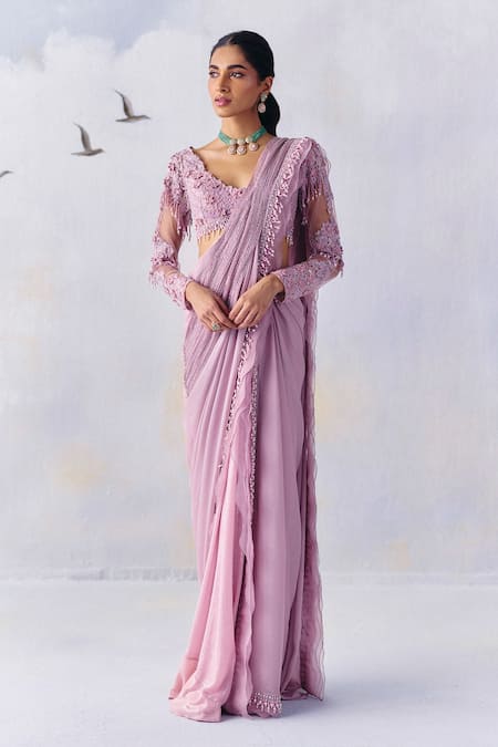 Awigna Purple Metallic Victoria Loop Border Plisse Pre-draped Ruffle Saree With Blouse 