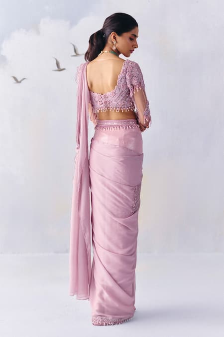 Awigna Victoria Pearl Loop Border Plisse Pre-Draped Ruffle Saree With Blouse 
