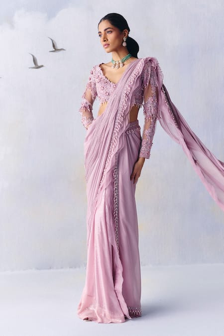 Awigna Purple Organza, Victoria Loop Border Plisse Pre-draped Ruffle Saree With Blouse Online at Aza Fashions Awigna_Purple Organza, Victoria Loop Border Plisse Pre-draped Ruffle Saree With Blouse _Online_at_Aza_Fashions