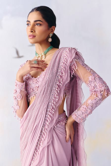 Buy Awigna Purple Organza, Victoria Loop Border Plisse Pre-draped Ruffle Saree With Blouse Online at Aza Fashions Buy_Awigna_Purple Organza, Victoria Loop Border Plisse Pre-draped Ruffle Saree With Blouse _Online_at_Aza_Fashions