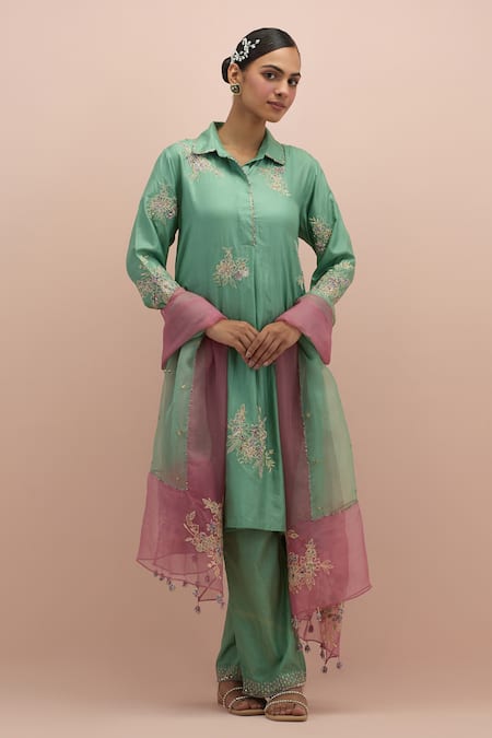 KORA Floral Sequin Work Kurta Pant Set 