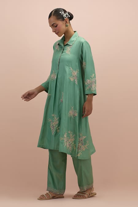 Kora_Green , Organza Beads, Sequins Collared Floral Work Kurta Pant Set _Online_at_Aza_Fashions
