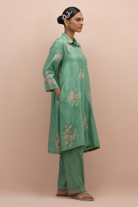 Buy_Kora_Green , Organza Beads, Sequins Collared Floral Work Kurta Pant Set _Online_at_Aza_Fashions