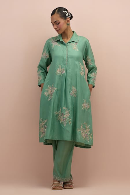 Shop_Kora_Green , Organza Beads, Sequins Collared Floral Work Kurta Pant Set _Online_at_Aza_Fashions