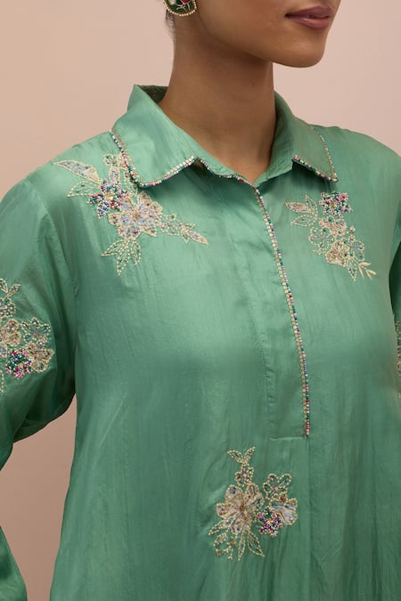 Kora_Green , Organza Beads, Sequins Collared Floral Work Kurta Pant Set _at_Aza_Fashions