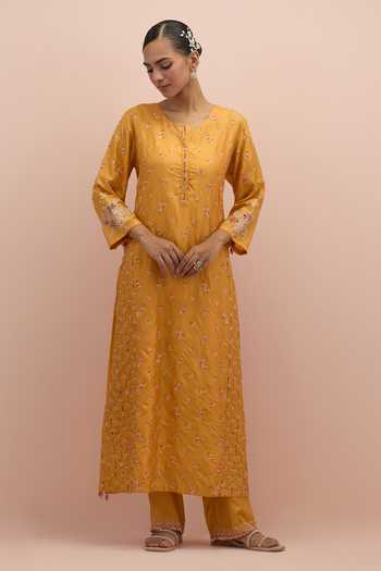 Kora Yellow , Organza Sequins, Beads Round Neck Embroidered Kurta Pant Set Online at Aza Fashions Kora_Yellow , Organza Sequins, Beads Round Neck Embroidered Kurta Pant Set _Online_at_Aza_Fashions