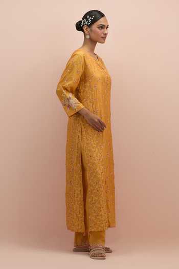 Shop Kora Yellow , Organza Sequins, Beads Round Neck Embroidered Kurta Pant Set Online at Aza Fashions Shop_Kora_Yellow , Organza Sequins, Beads Round Neck Embroidered Kurta Pant Set _Online_at_Aza_Fashions