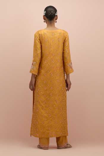 Shop Kora Yellow , Organza Sequins, Beads Round Neck Embroidered Kurta Pant Set at Aza Fashions Shop_Kora_Yellow , Organza Sequins, Beads Round Neck Embroidered Kurta Pant Set _at_Aza_Fashions
