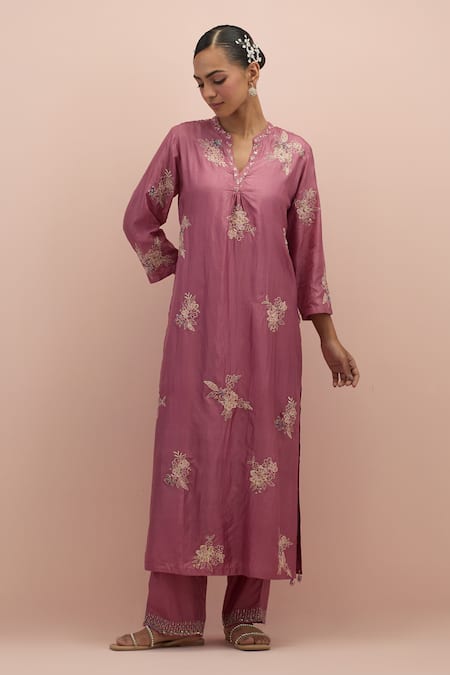 Kora Pink Silk Embroidery, Sequins, Beads Printed Applique Work Kurta And Pant Set 