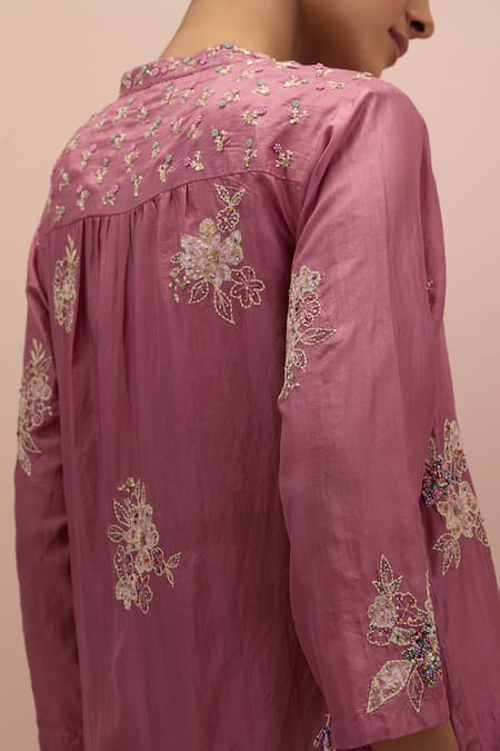 Kora_Pink Silk Embroidery, Sequins, Beads Printed Applique Work Kurta And Pant Set _Online_at_Aza_Fashions