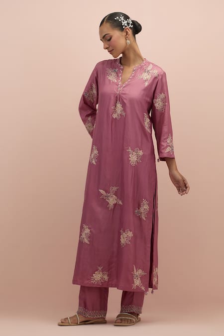 Buy_Kora_Pink Silk Embroidery, Sequins, Beads Printed Applique Work Kurta And Pant Set _Online_at_Aza_Fashions