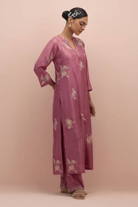 Shop_Kora_Pink Silk Embroidery, Sequins, Beads Printed Applique Work Kurta And Pant Set _Online_at_Aza_Fashions
