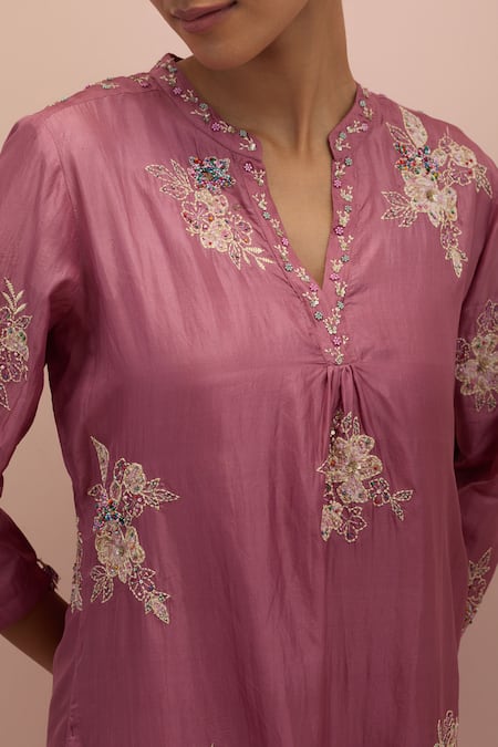 Kora_Pink Silk Embroidery, Sequins, Beads Printed Applique Work Kurta And Pant Set _at_Aza_Fashions