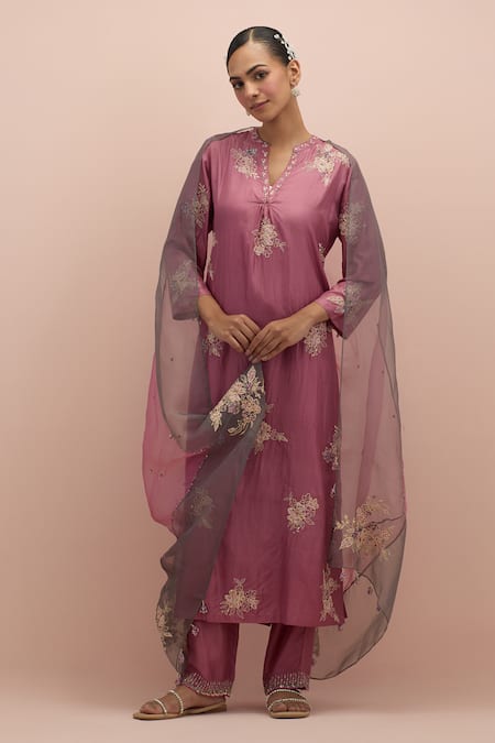 Buy_Kora_Pink Silk Embroidery, Sequins, Beads Printed Applique Work Kurta And Pant Set 