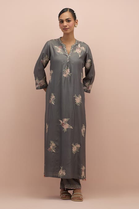 Kora Grey Silk Sequins, Beads, Embroidery Floral Print Applique Work Kurta And Pant Set