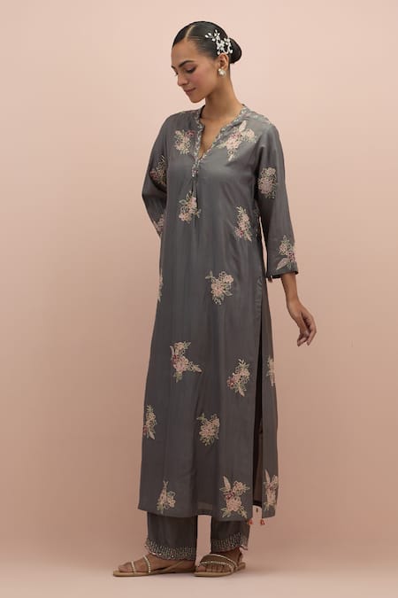Kora_Grey Silk Sequins, Beads, Embroidery Floral Print Applique Work Kurta And Pant Set _Online_at_Aza_Fashions