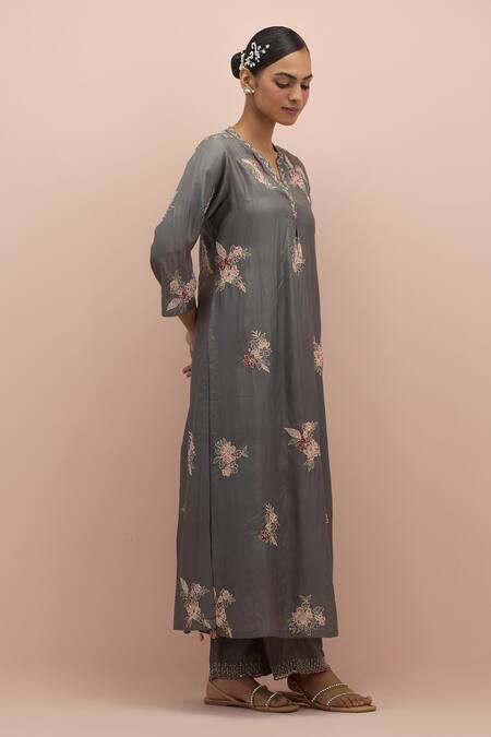 Buy_Kora_Grey Silk Sequins, Beads, Embroidery Floral Print Applique Work Kurta And Pant Set _Online_at_Aza_Fashions