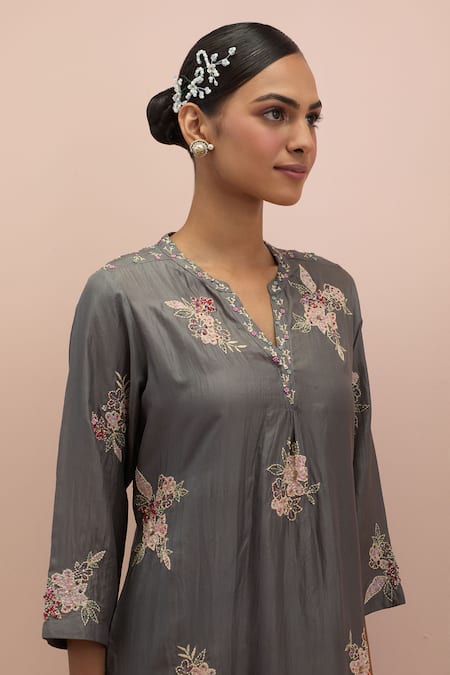 Shop_Kora_Grey Silk Sequins, Beads, Embroidery Floral Print Applique Work Kurta And Pant Set _Online_at_Aza_Fashions