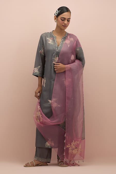 Buy_Kora_Grey Silk Sequins, Beads, Embroidery Floral Print Applique Work Kurta And Pant Set 