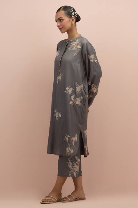 Kora_Grey Silk Beads, Sequins Collared Printed Embroidered Kurta And Pant Set _Online_at_Aza_Fashions
