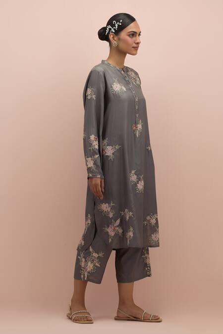 Buy_Kora_Grey Silk Beads, Sequins Collared Printed Embroidered Kurta And Pant Set _Online_at_Aza_Fashions