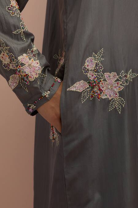Shop_Kora_Grey Silk Beads, Sequins Collared Printed Embroidered Kurta And Pant Set _Online_at_Aza_Fashions