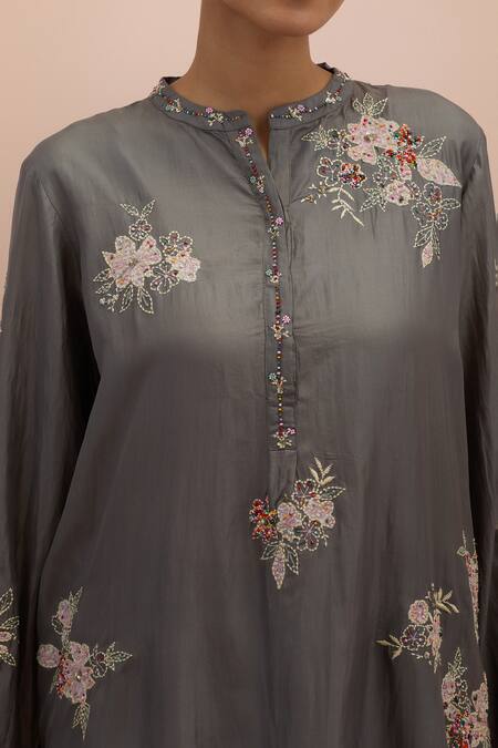 Kora_Grey Silk Beads, Sequins Collared Printed Embroidered Kurta And Pant Set _at_Aza_Fashions