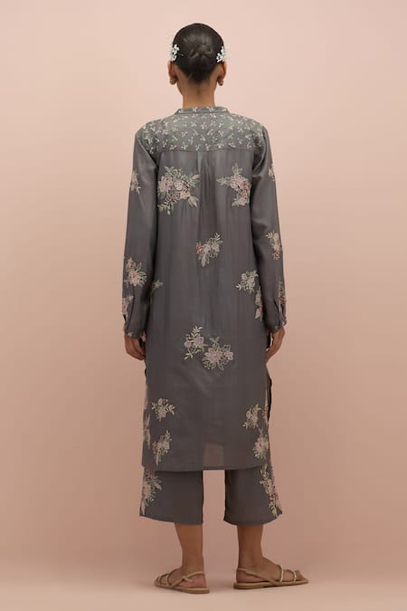 Shop_Kora_Grey Silk Beads, Sequins Collared Printed Embroidered Kurta And Pant Set _at_Aza_Fashions