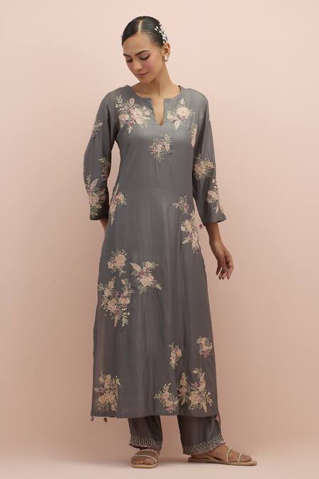 Kora_Grey , Organza Embroidery, Sequins, Beads Split Straight Kurta Pant Set _Online_at_Aza_Fashions