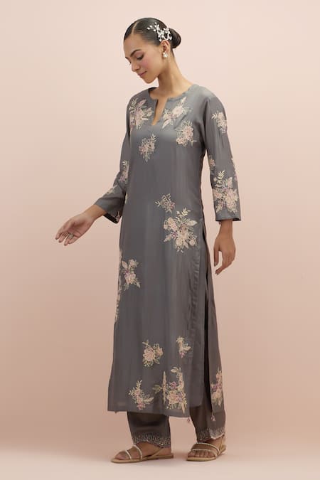 Shop_Kora_Grey , Organza Embroidery, Sequins, Beads Split Straight Kurta Pant Set _Online_at_Aza_Fashions