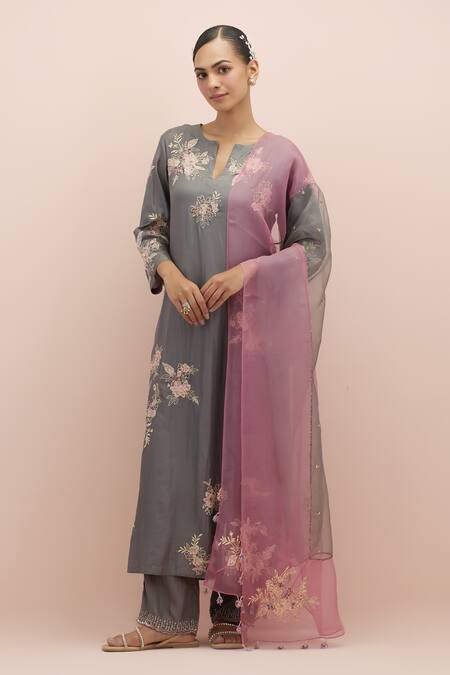 Kora_Grey , Organza Embroidery, Sequins, Beads Split Straight Kurta Pant Set _at_Aza_Fashions