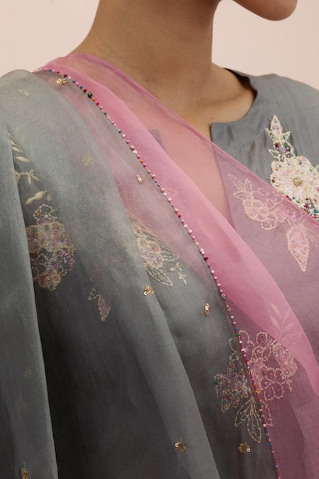 Buy_Kora_Grey , Organza Embroidery, Sequins, Beads Split Straight Kurta Pant Set 