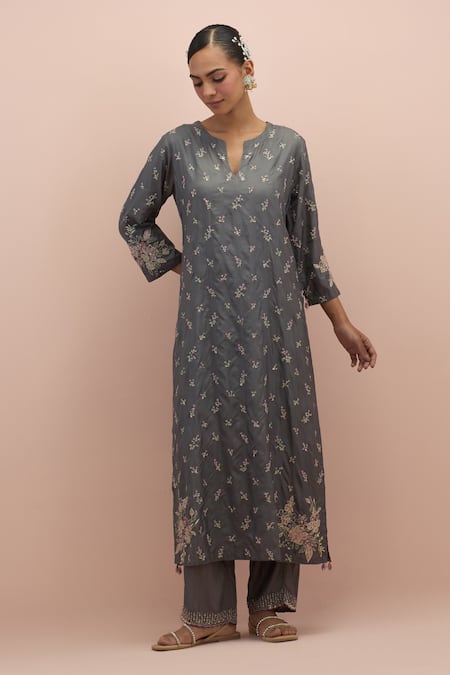 Kora_Grey , Organza Sequins, Beads, Floret Straight Kurta Pant Set _Online_at_Aza_Fashions