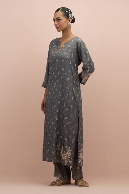 Buy_Kora_Grey , Organza Sequins, Beads, Floret Straight Kurta Pant Set _Online_at_Aza_Fashions