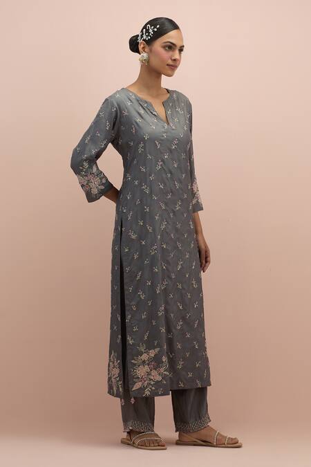 Shop_Kora_Grey , Organza Sequins, Beads, Floret Straight Kurta Pant Set _Online_at_Aza_Fashions