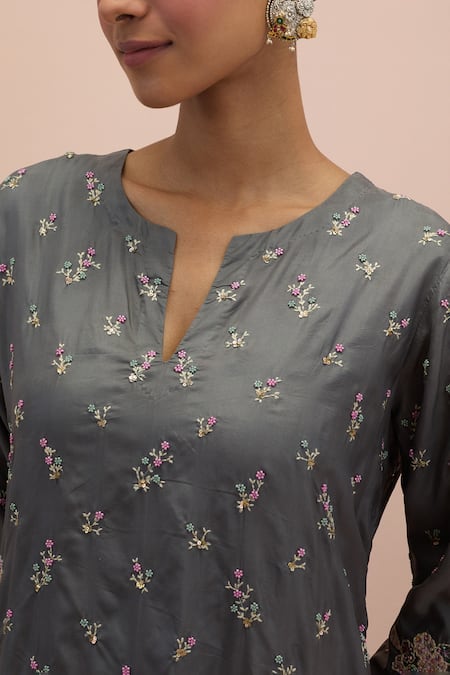 Buy_Kora_Grey , Organza Sequins, Beads, Floret Straight Kurta Pant Set 