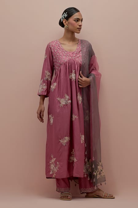 KORA Floret Embroidered Yoke Pleated Kurta Pant Set 